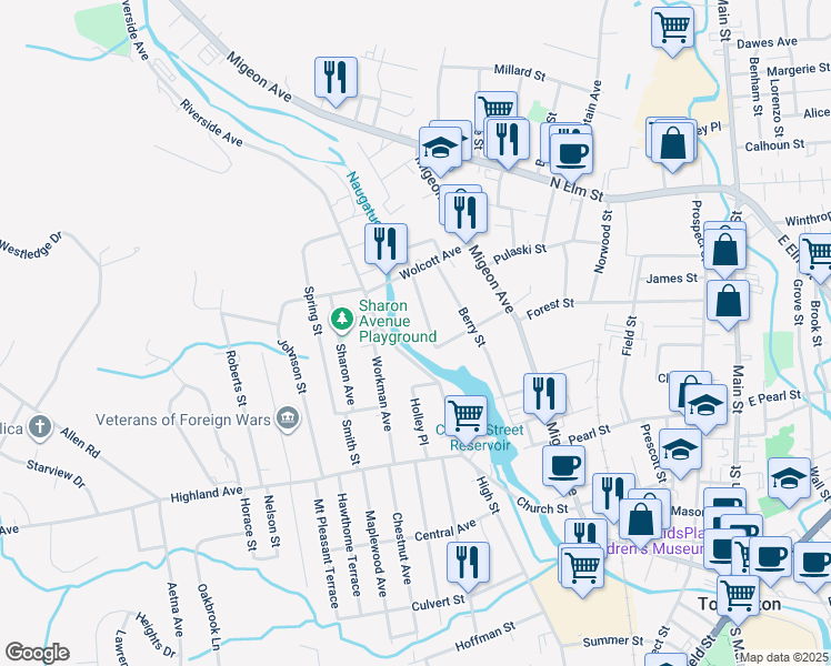 map of restaurants, bars, coffee shops, grocery stores, and more near 29 Woodbine Street in Torrington