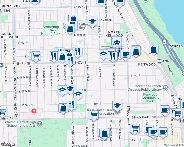 map of restaurants, bars, coffee shops, grocery stores, and more near 922 East 48th Street in Chicago
