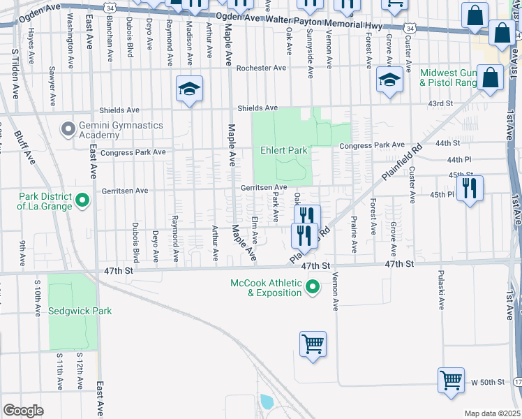 map of restaurants, bars, coffee shops, grocery stores, and more near 4528 Park Avenue in Brookfield