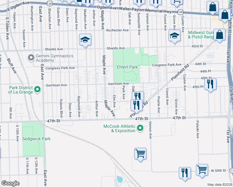 map of restaurants, bars, coffee shops, grocery stores, and more near 4525 Elm Avenue in Brookfield