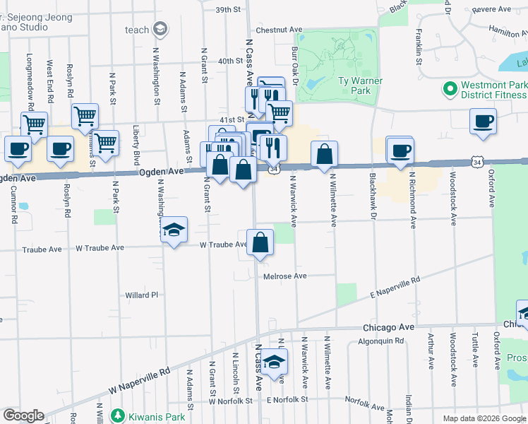map of restaurants, bars, coffee shops, grocery stores, and more near 501 North Cass Avenue in Westmont