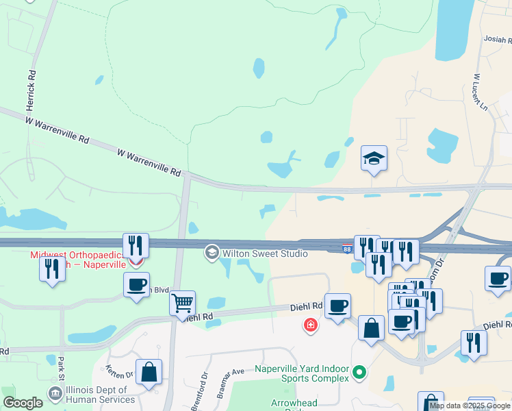 map of restaurants, bars, coffee shops, grocery stores, and more near 608 Yosemite Avenue in Naperville