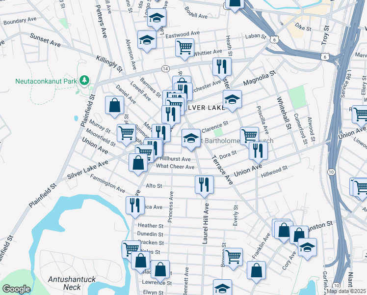 map of restaurants, bars, coffee shops, grocery stores, and more near 49 Magdalene Street in Providence