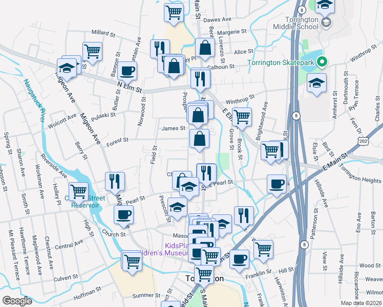 map of restaurants, bars, coffee shops, grocery stores, and more near 516 Prospect Street in Torrington