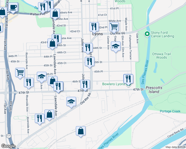 map of restaurants, bars, coffee shops, grocery stores, and more near 4545 Prescott Avenue in Lyons
