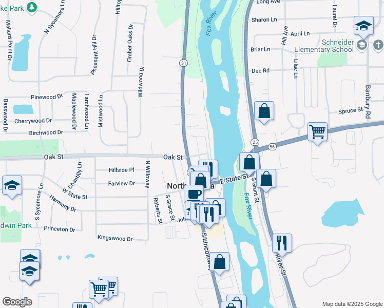 map of restaurants, bars, coffee shops, grocery stores, and more near in North Aurora