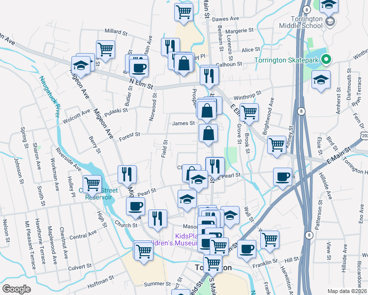 map of restaurants, bars, coffee shops, grocery stores, and more near 29 Whiting Avenue in Torrington