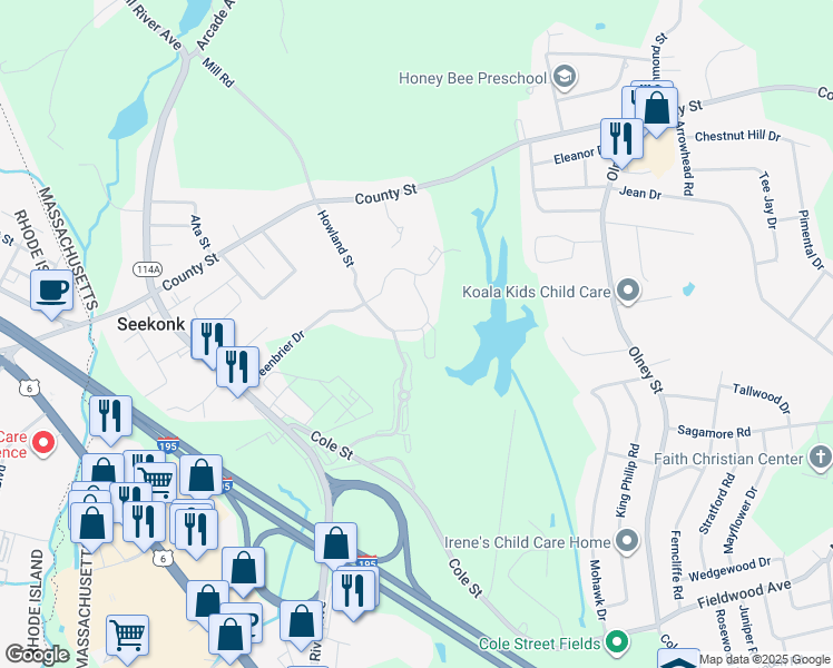 map of restaurants, bars, coffee shops, grocery stores, and more near 181 Forsythe Circle in Seekonk