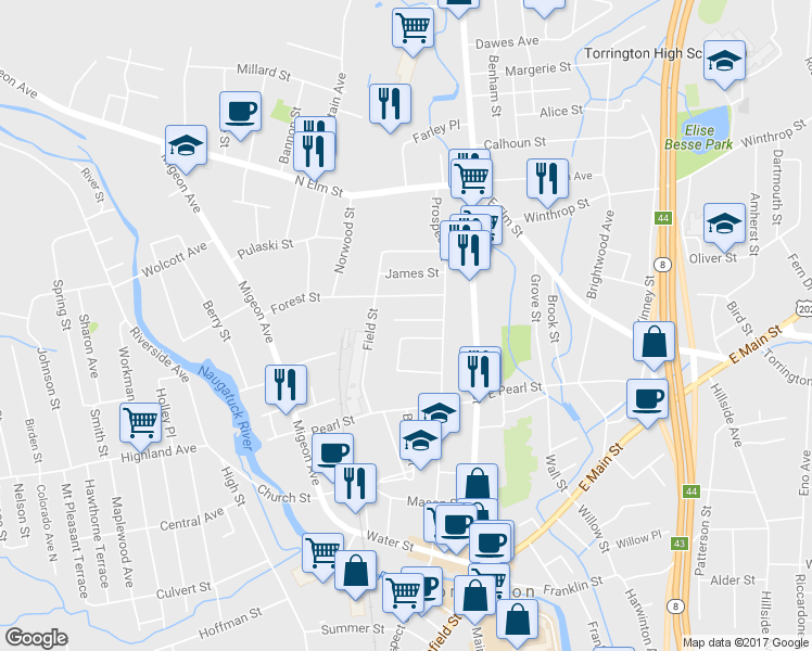 map of restaurants, bars, coffee shops, grocery stores, and more near 49 Whiting Avenue in Torrington