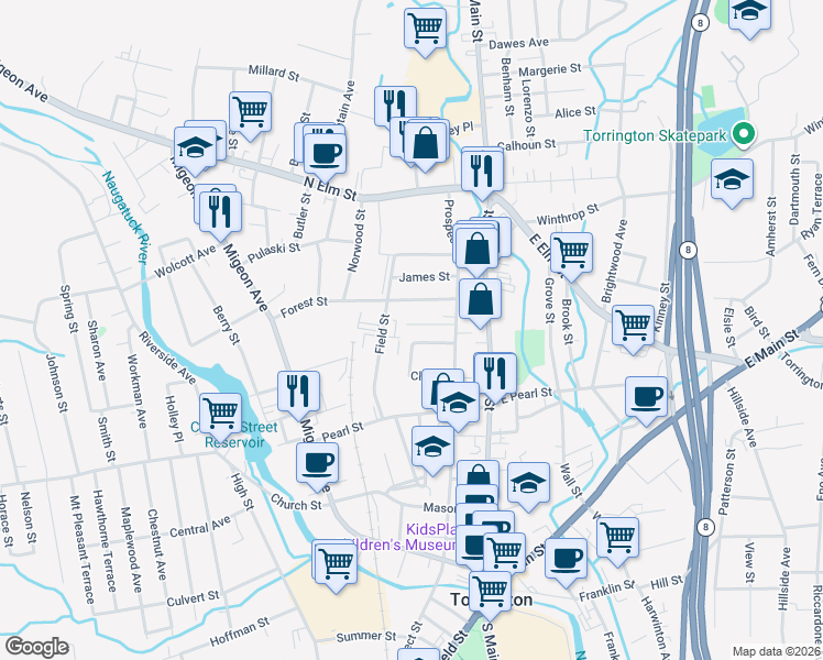 map of restaurants, bars, coffee shops, grocery stores, and more near 61 Whiting Avenue in Torrington
