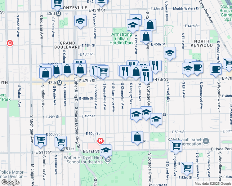 map of restaurants, bars, coffee shops, grocery stores, and more near 4745 South Saint Lawrence Avenue in Chicago