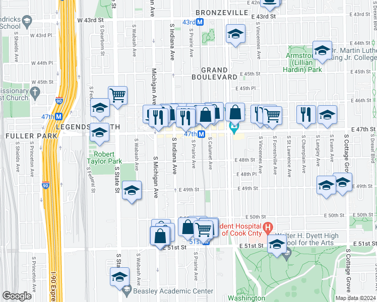 map of restaurants, bars, coffee shops, grocery stores, and more near 4740 South Prairie Avenue in Chicago