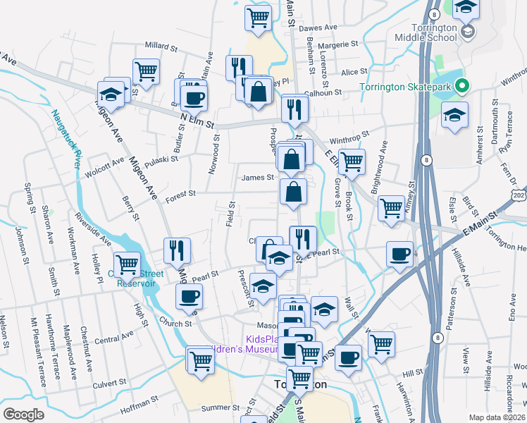 map of restaurants, bars, coffee shops, grocery stores, and more near 29 Whiting Avenue in Torrington
