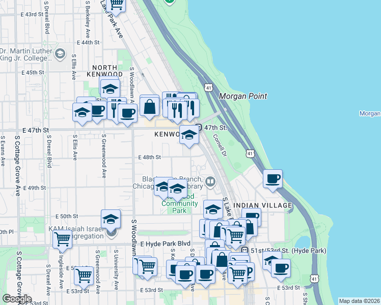 map of restaurants, bars, coffee shops, grocery stores, and more near 1380 East 48th Street in Chicago