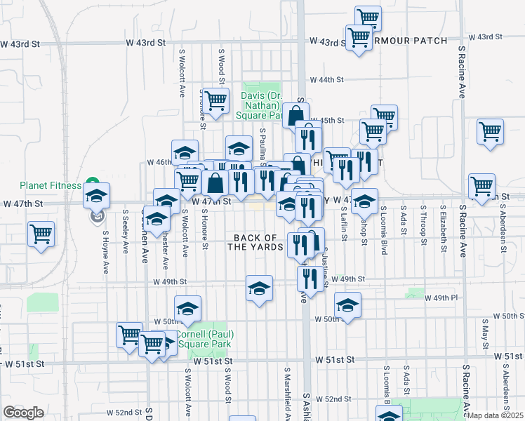 map of restaurants, bars, coffee shops, grocery stores, and more near 4711 South Paulina Street in Chicago