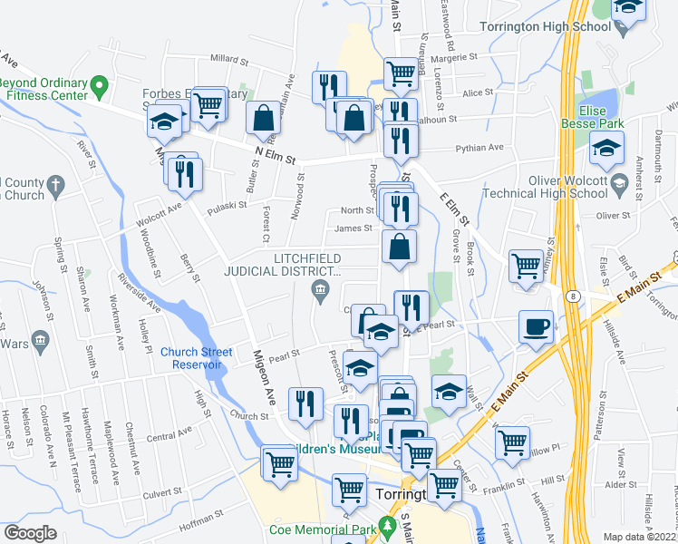 map of restaurants, bars, coffee shops, grocery stores, and more near 69 Whiting Avenue in Torrington
