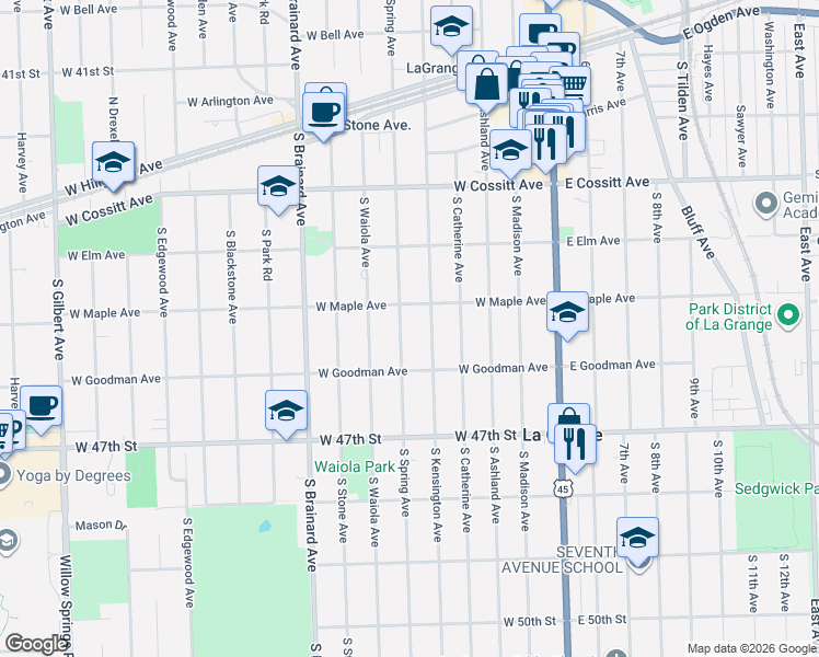 map of restaurants, bars, coffee shops, grocery stores, and more near 320 South Kensington Avenue in La Grange