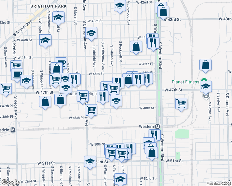 map of restaurants, bars, coffee shops, grocery stores, and more near 2617 West 47th Street in Chicago