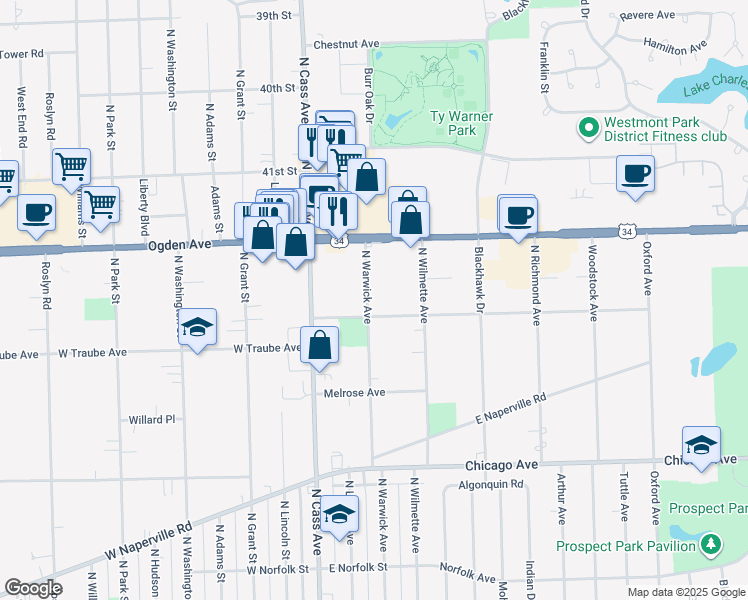 map of restaurants, bars, coffee shops, grocery stores, and more near 507 North Warwick Avenue in Westmont
