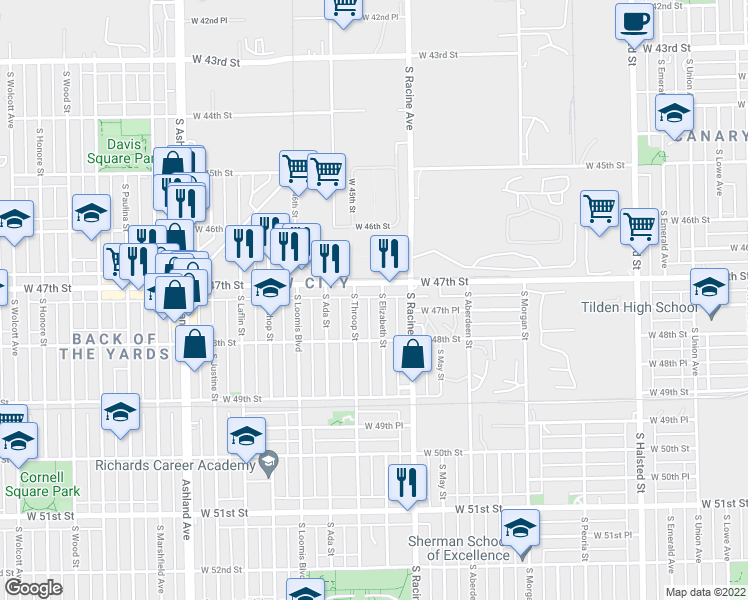 map of restaurants, bars, coffee shops, grocery stores, and more near 4218 South Elizabeth Street in Chicago