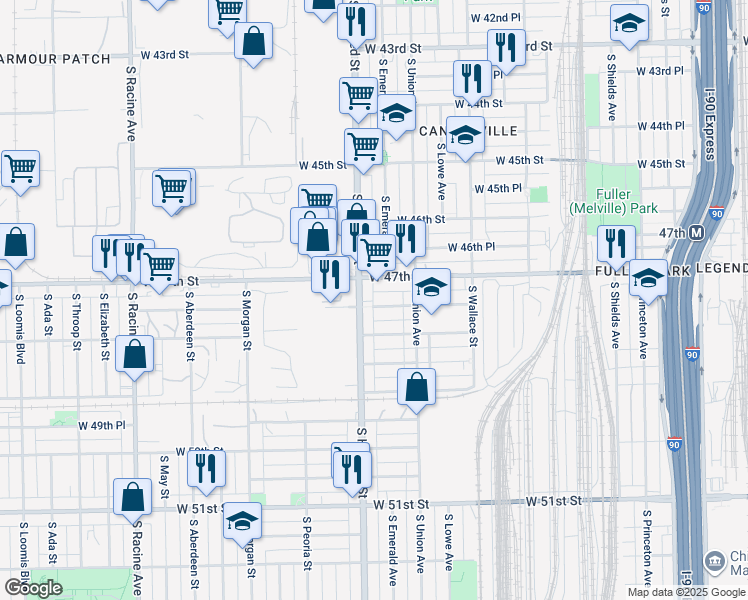 map of restaurants, bars, coffee shops, grocery stores, and more near 744 West 47th Place in Chicago