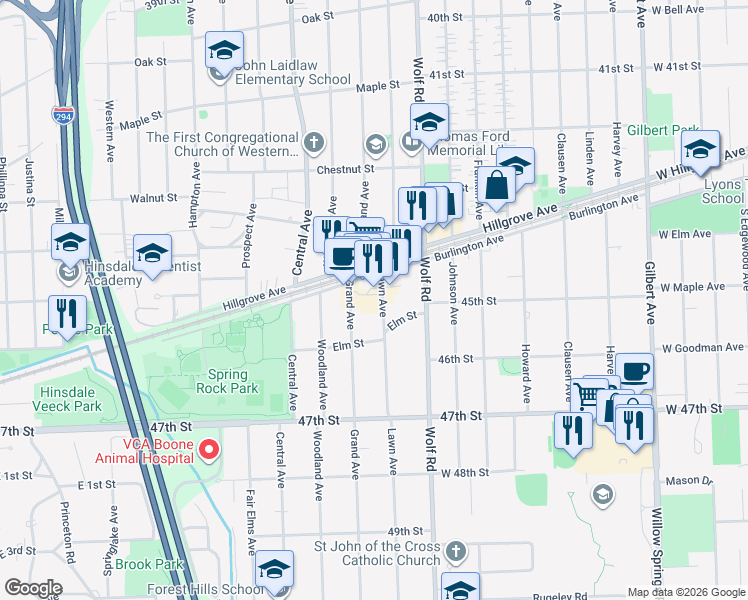 map of restaurants, bars, coffee shops, grocery stores, and more near 4501 Grand Avenue in Western Springs