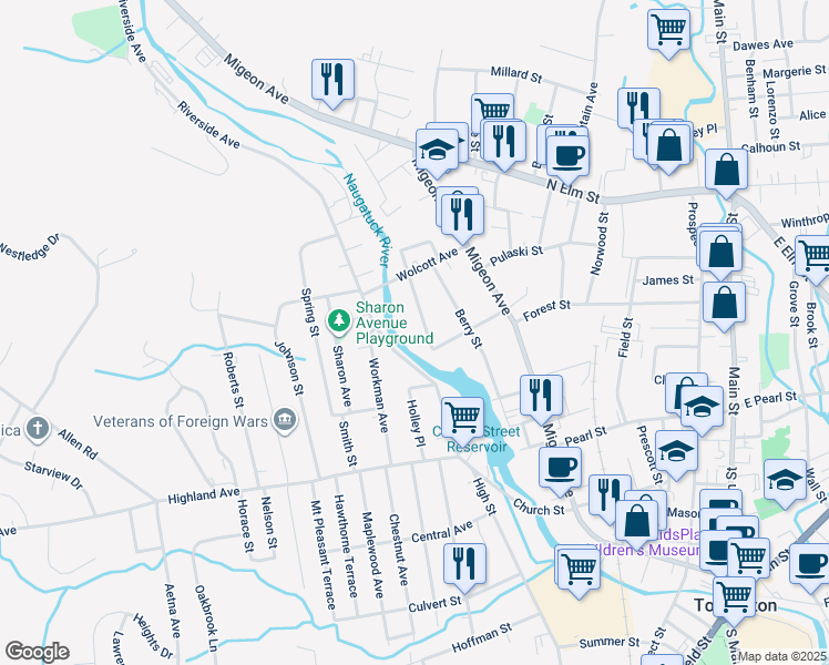 map of restaurants, bars, coffee shops, grocery stores, and more near 29 Woodbine Street in Torrington