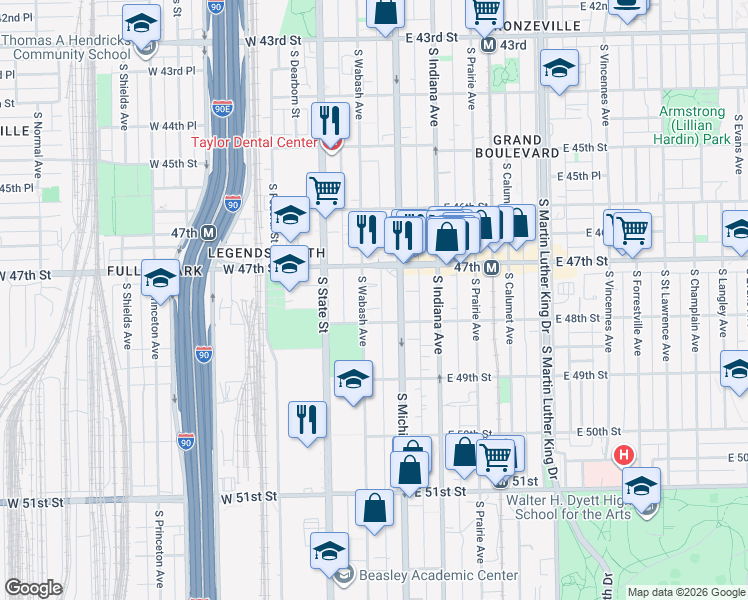 map of restaurants, bars, coffee shops, grocery stores, and more near 4737 South Wabash Avenue in Chicago