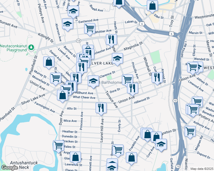 map of restaurants, bars, coffee shops, grocery stores, and more near 218 Progress Avenue in Providence