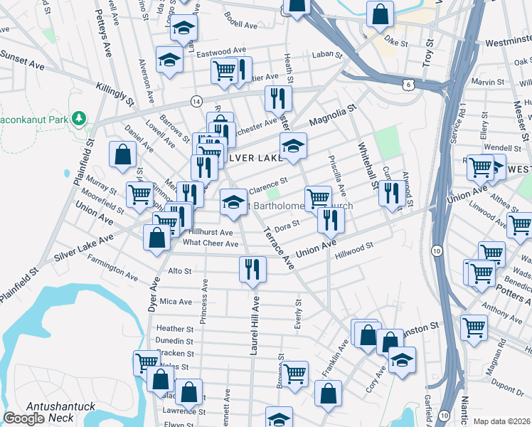 map of restaurants, bars, coffee shops, grocery stores, and more near 218 Progress Avenue in Providence