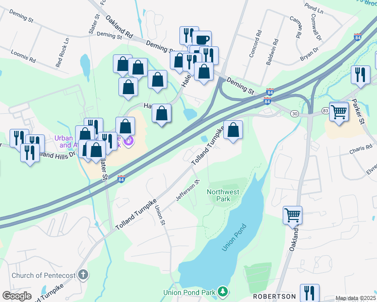 map of restaurants, bars, coffee shops, grocery stores, and more near 47 Nolan Circle in Manchester