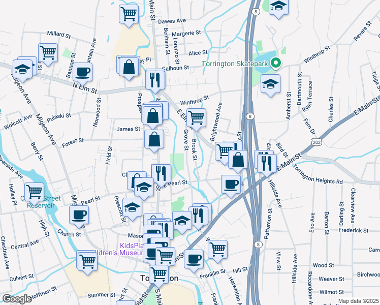 map of restaurants, bars, coffee shops, grocery stores, and more near 72 Grove Street in Torrington