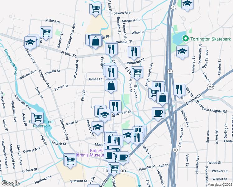 map of restaurants, bars, coffee shops, grocery stores, and more near 372 Main Street in Torrington