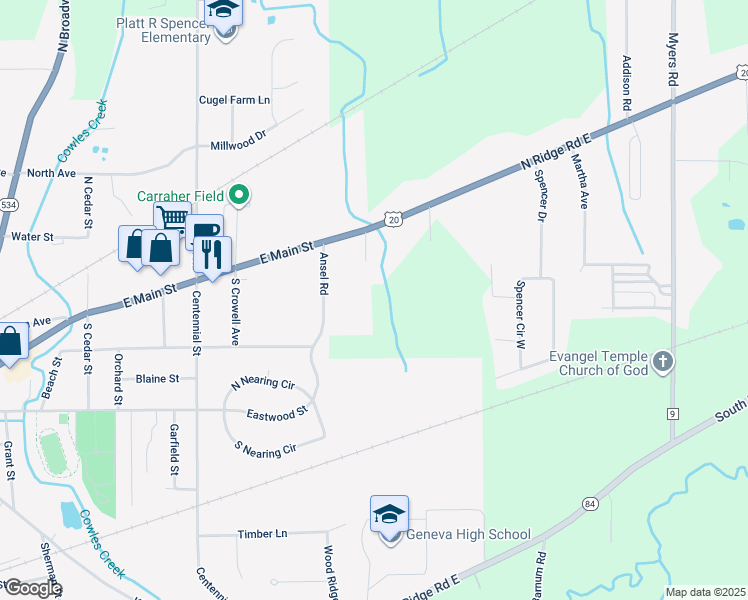 map of restaurants, bars, coffee shops, grocery stores, and more near 4872 North Ridge Road East in Geneva