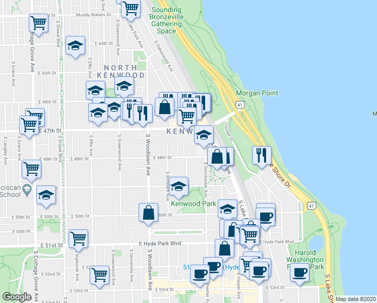 map of restaurants, bars, coffee shops, grocery stores, and more near 1324 East 48th Street in Chicago