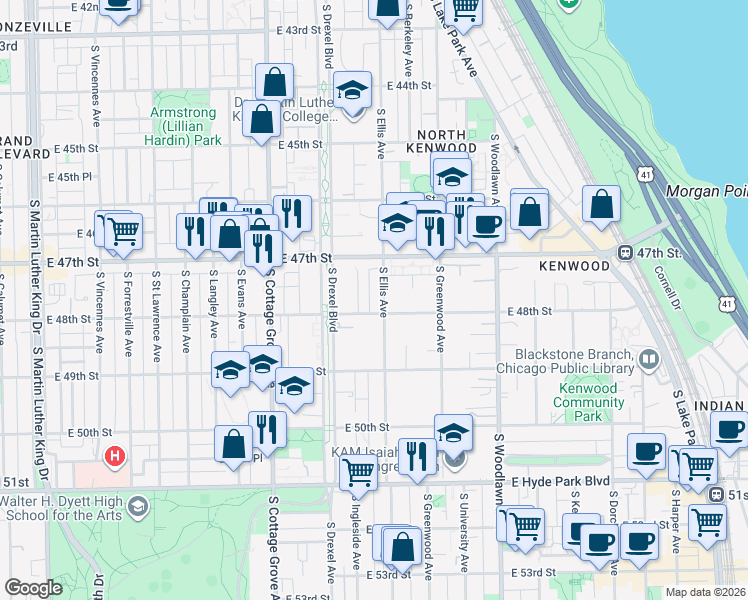 map of restaurants, bars, coffee shops, grocery stores, and more near 1000 East 48th Street in Chicago