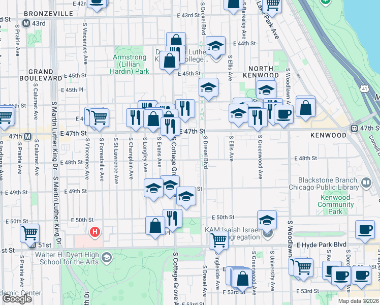 map of restaurants, bars, coffee shops, grocery stores, and more near 4756 South Drexel Boulevard in Chicago
