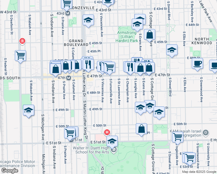 map of restaurants, bars, coffee shops, grocery stores, and more near 4745 South Vincennes Avenue in Chicago