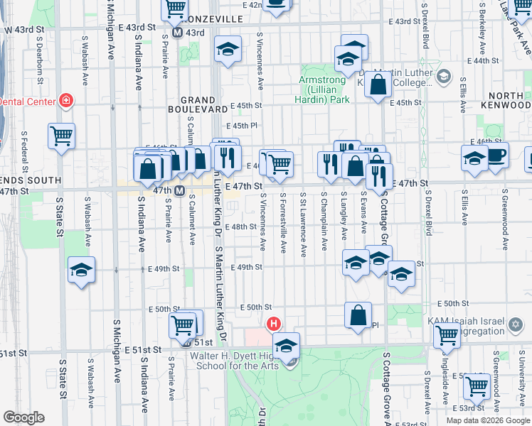 map of restaurants, bars, coffee shops, grocery stores, and more near 4745 South Vincennes Avenue in Chicago