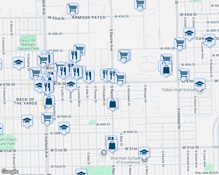 map of restaurants, bars, coffee shops, grocery stores, and more near in Chicago