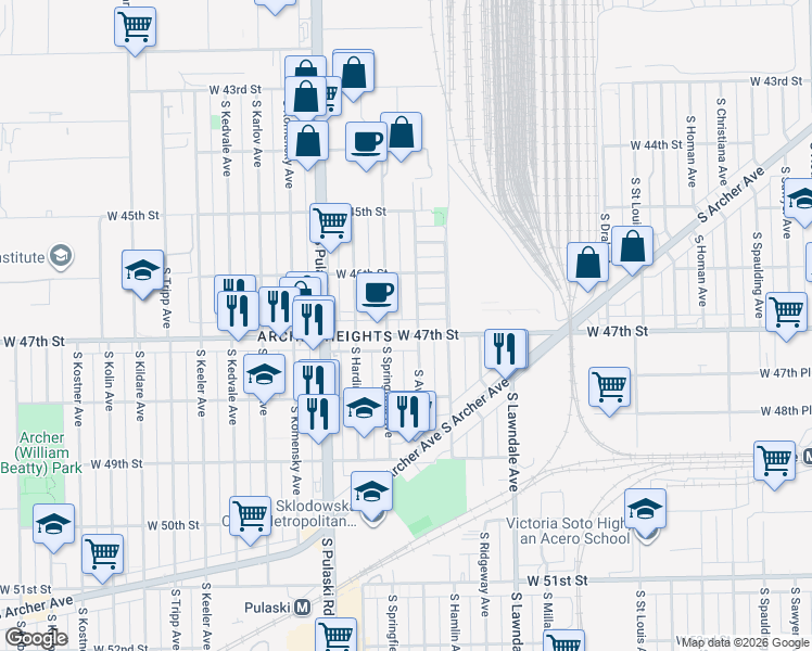 map of restaurants, bars, coffee shops, grocery stores, and more near 3834 West 47th Street in Chicago