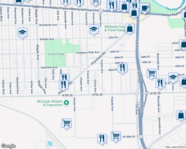 map of restaurants, bars, coffee shops, grocery stores, and more near 4514 Grove Avenue in Brookfield