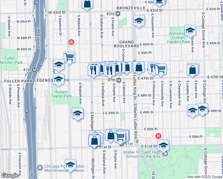 map of restaurants, bars, coffee shops, grocery stores, and more near 4747 South Prairie Avenue in Chicago