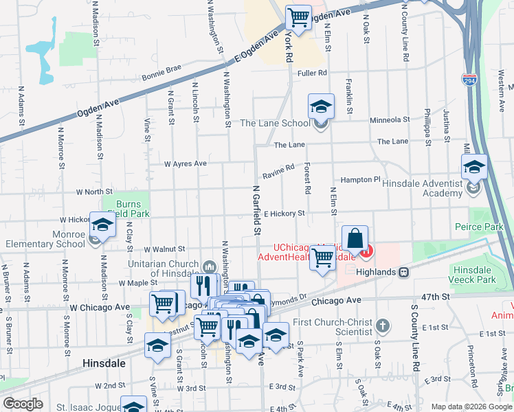 map of restaurants, bars, coffee shops, grocery stores, and more near 309 North Garfield Street in Hinsdale
