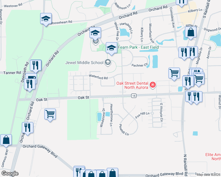 map of restaurants, bars, coffee shops, grocery stores, and more near 1478 Westbury Circle in North Aurora