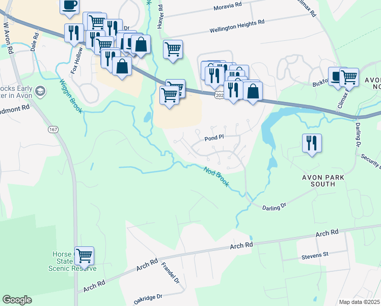 map of restaurants, bars, coffee shops, grocery stores, and more near 3 Highland Square in Avon