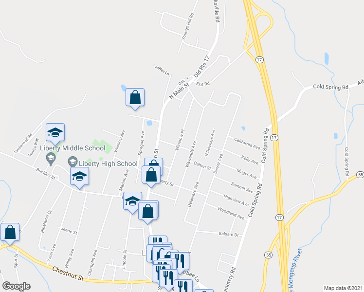 map of restaurants, bars, coffee shops, grocery stores, and more near 25 Charles Street in Liberty