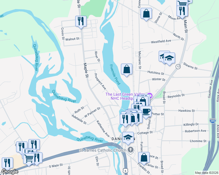map of restaurants, bars, coffee shops, grocery stores, and more near 70 Prospect Avenue in Killingly