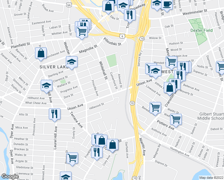 map of restaurants, bars, coffee shops, grocery stores, and more near 168 Whitehall Street in Providence
