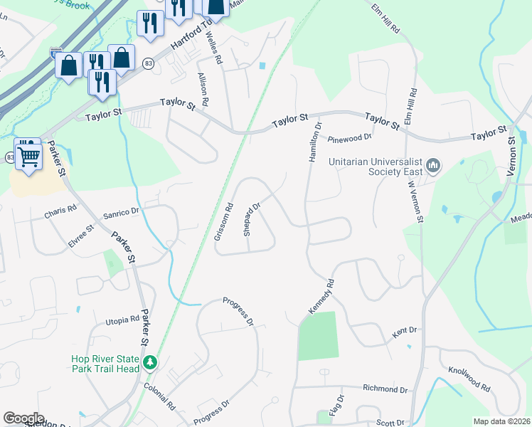 map of restaurants, bars, coffee shops, grocery stores, and more near 332 Grissom Road in Manchester
